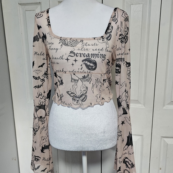 ​🖤 Spooky Tattoo Print Mesh Crop Top 🖤 - Picture 4 of 5